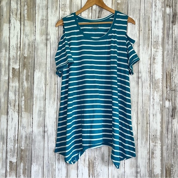 Lane Bryant Tops - Lane Bryant Blue Stripe Open Shoulder Blouse